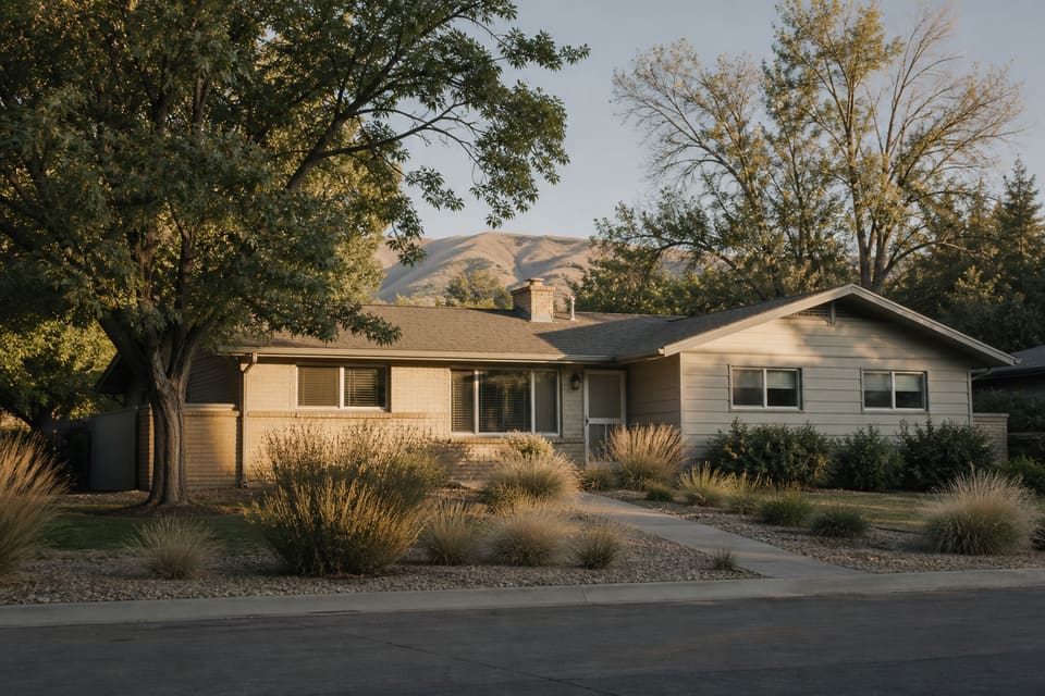 Modest single-story house with a tidy yard in late-afternoon light. Illustrative of a Nampa-area residential property, not a listed address.